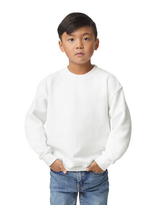 Child wearing a white sweatshirt for custom embroidery on a white background
